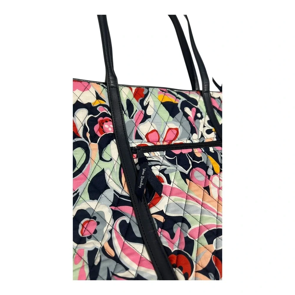 Vera Bradley Floral Quilted‎ Tote Bag Black Leather Trim Shoulder Bag